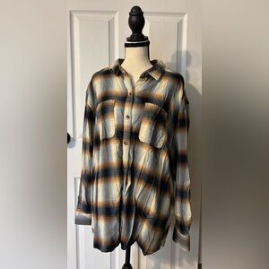 Legendary Whitetails Brown Cream & Blue Plaid Flannel Shirt Western Outdoors 2XL